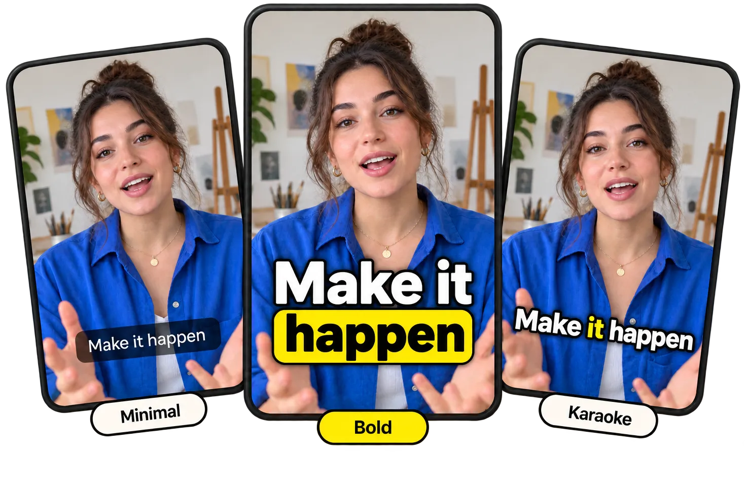 From clean subtitles to bold, word-by-word animations. Every style works in all 99 languages and you can change fonts, colors and position.